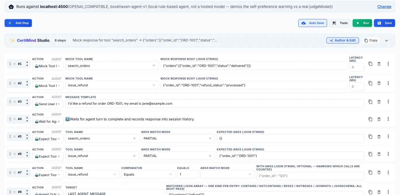 A CertiQA agent test case with mocked search_orders and issue_refund responses, a user message, and checks on which tools were called and how many times