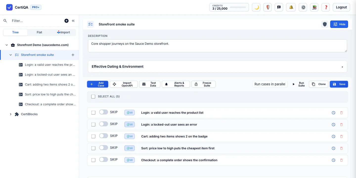 The Storefront smoke suite in CertiQA listing five UI test cases: valid login, locked-out login, cart badge, sort by price and checkout